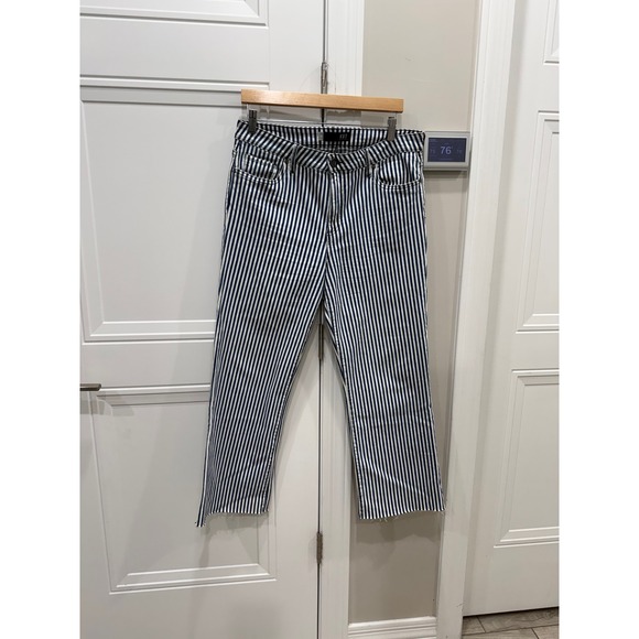 Kut from the Kloth Striped Straight Leg Jeans‎ Navy White Raw Hem Size 12